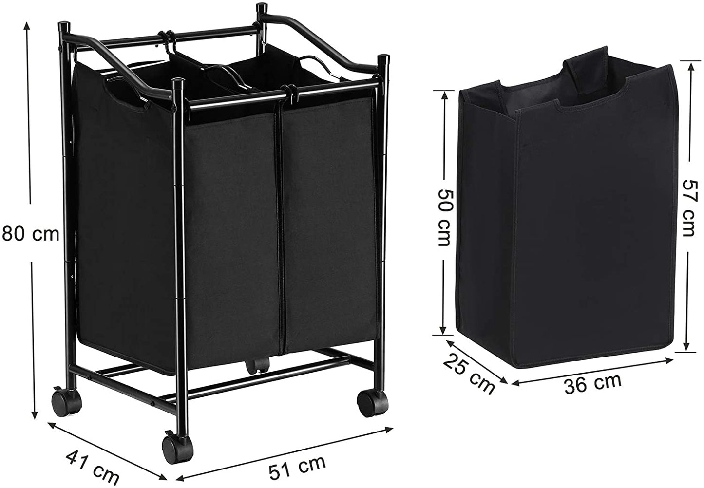 Panier à Linge à double Sac Noir avec roulettes