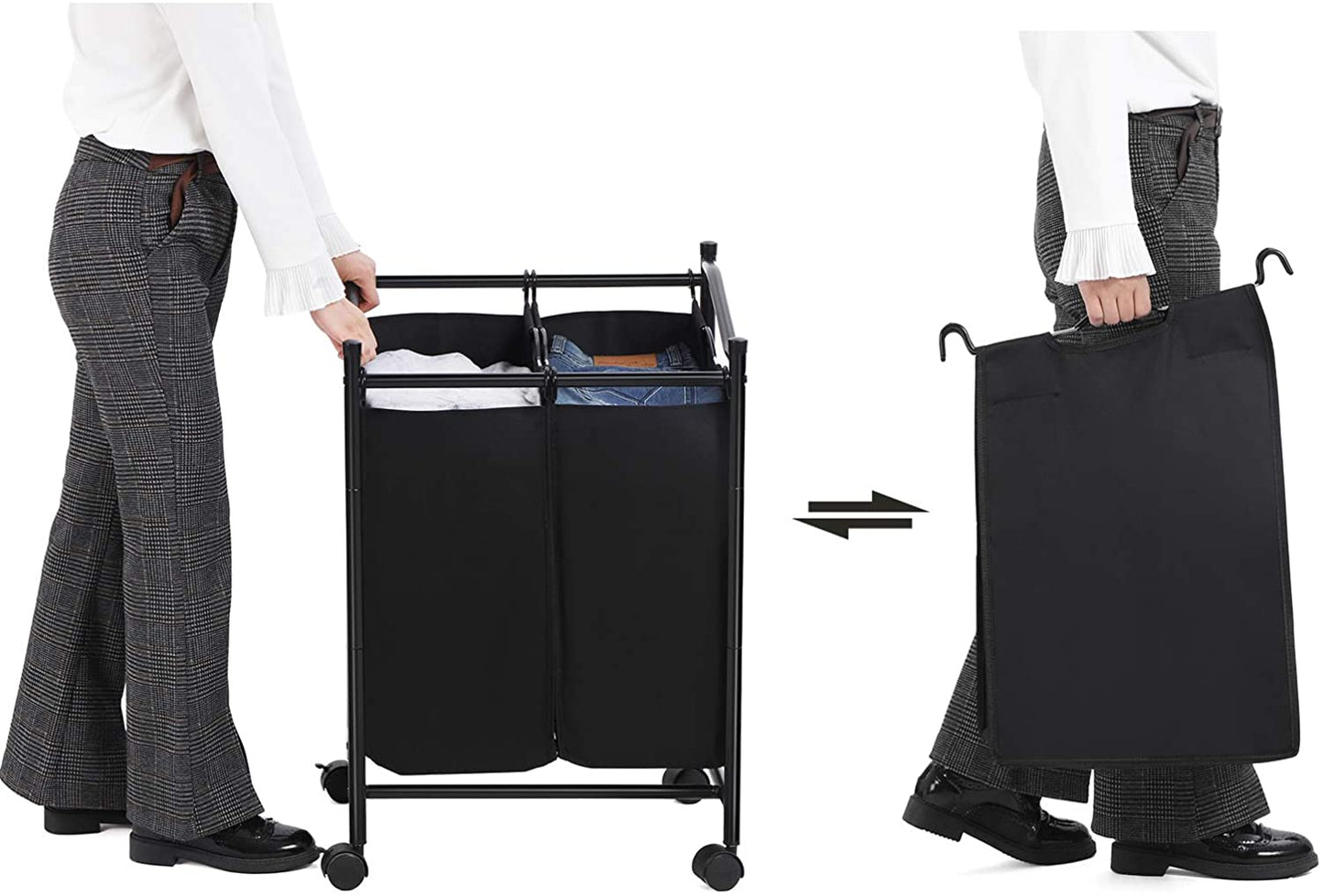 Chariot Panier à Linge à double Sac Noir amovibles