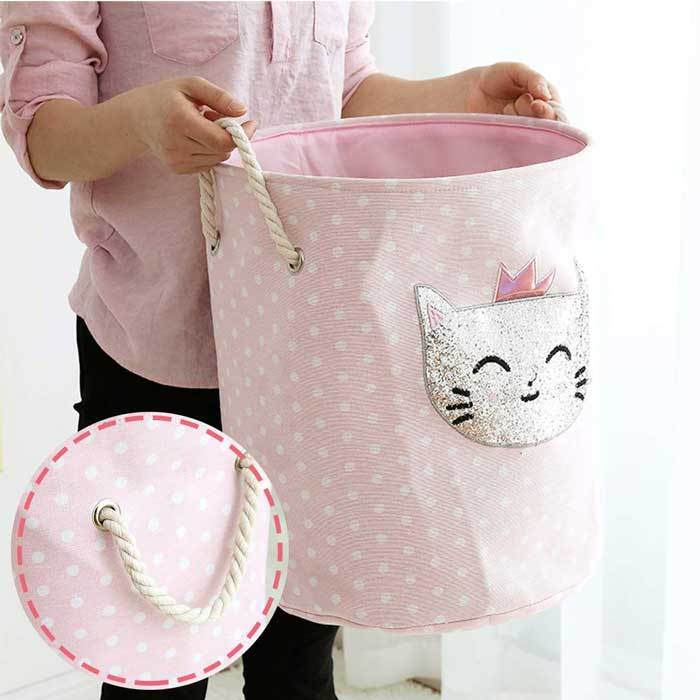 panier a linge bebe chaton rose