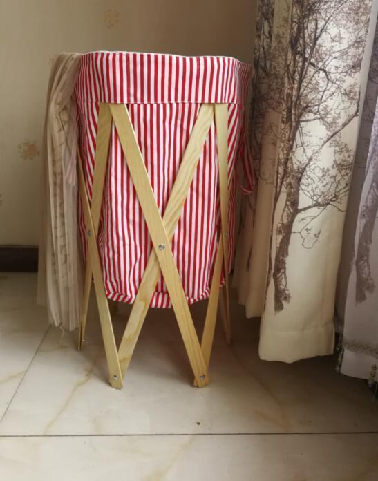 panier linge pliable en bois tissu rayé blanc et rouge
