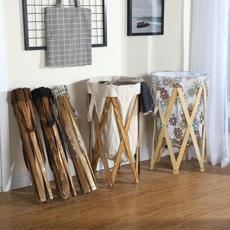 Paniers à Linge Bois Rond Pliable à Fleurs