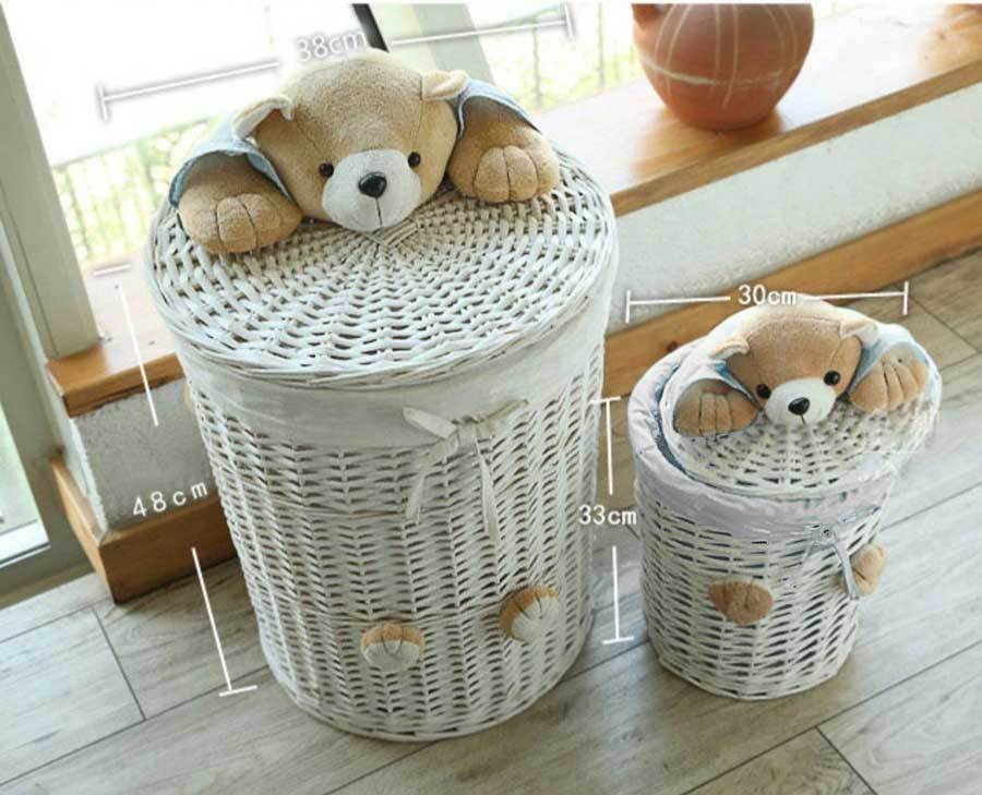Set de corbeilles en osier à linge blanc ourson