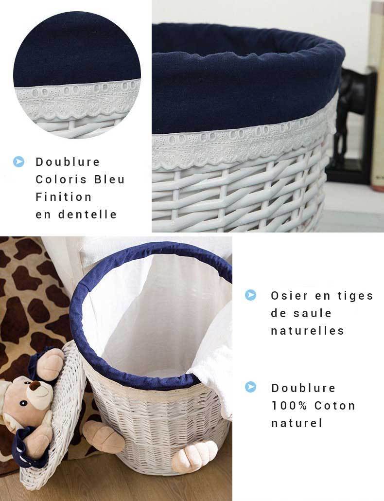 corbeille à linge en osier blanc bleu