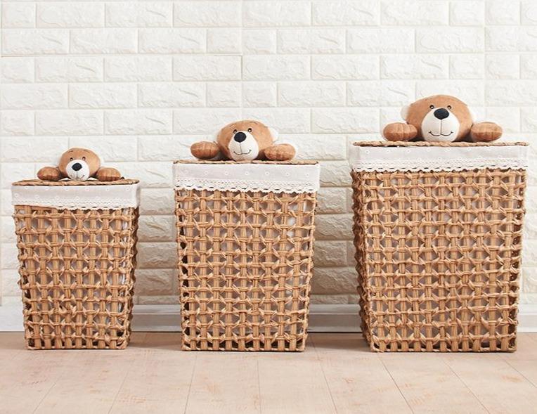Paniers de Linge Rotin et Couvercle oursons