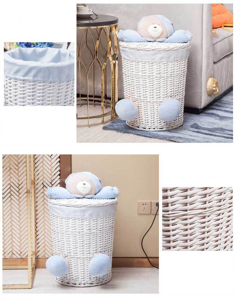 coffre rond à Linge Osier Blanc Bleu