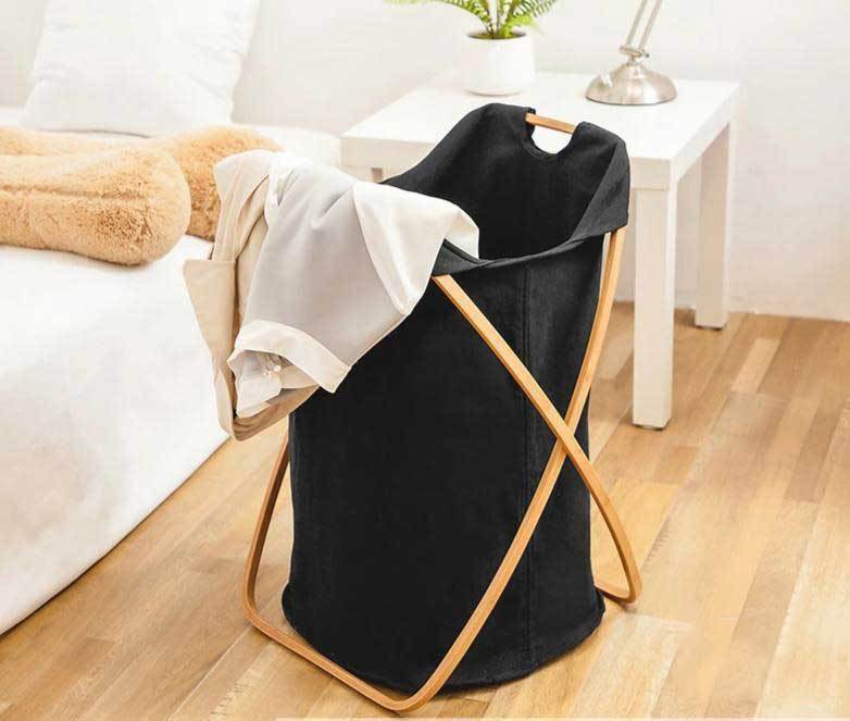 panière à linge noire pliable cadre en bois