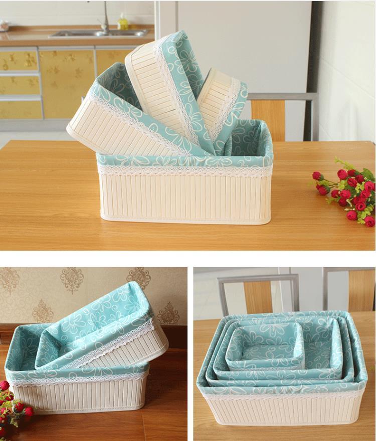 Panier à Linge Rectangulaire Brodé en Bambou doublé set bleu