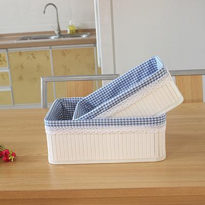Panier à Linge Rectangulaire Brodé en Bambou bleu carreaux