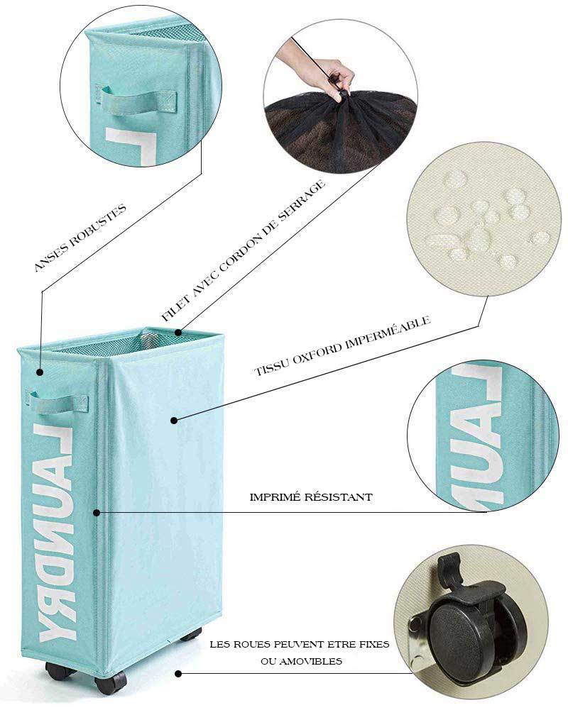 corbeille à linge rectangle sur roulettes bleu