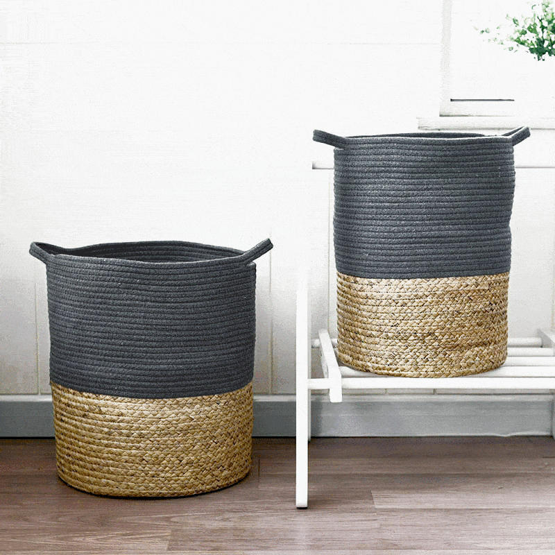 panier à linge gris coton et fibre de rotin