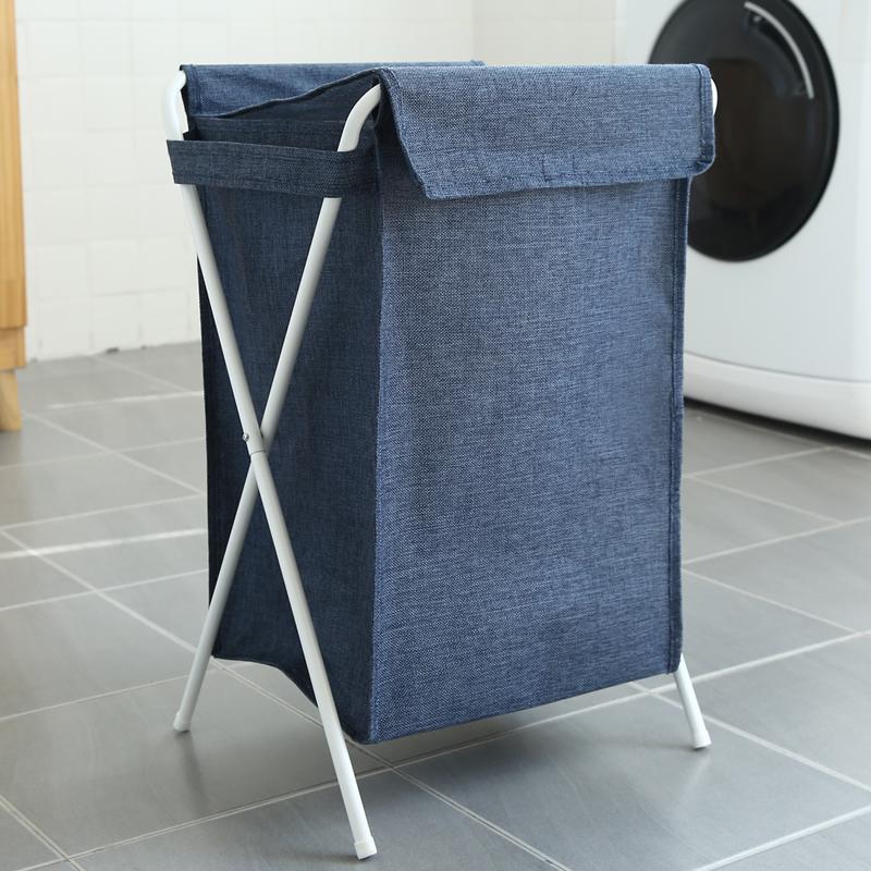 panier de linge pliable bleu avec couvercle