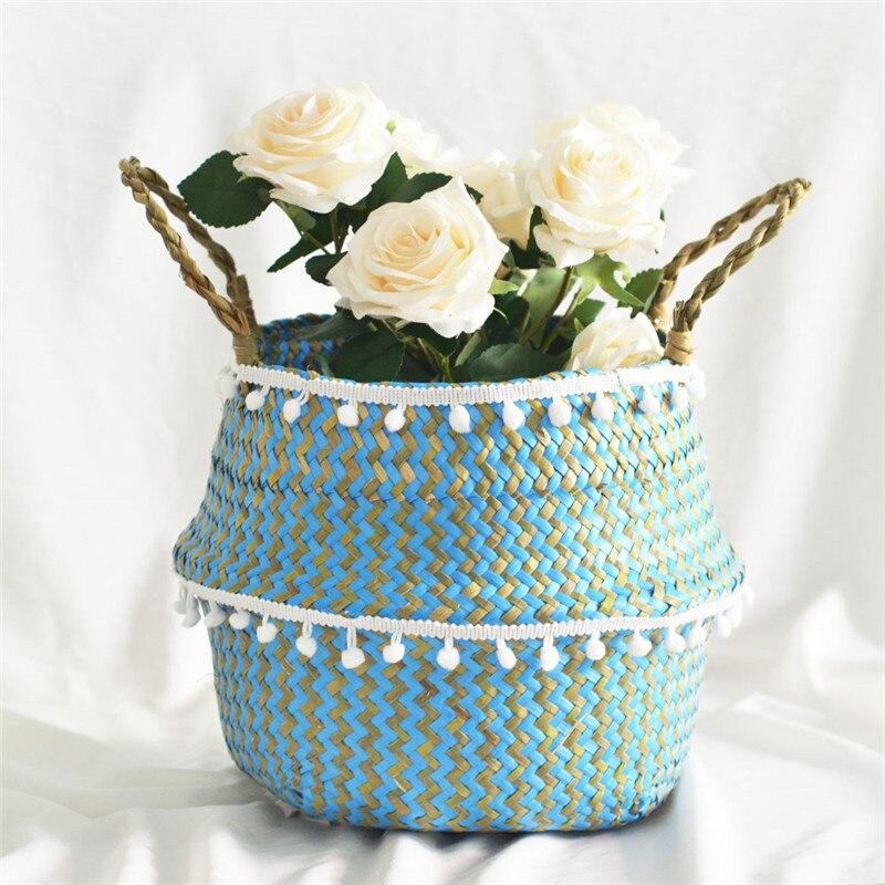 Panier de Rangement Jonc de Mer Turquoise et pompons