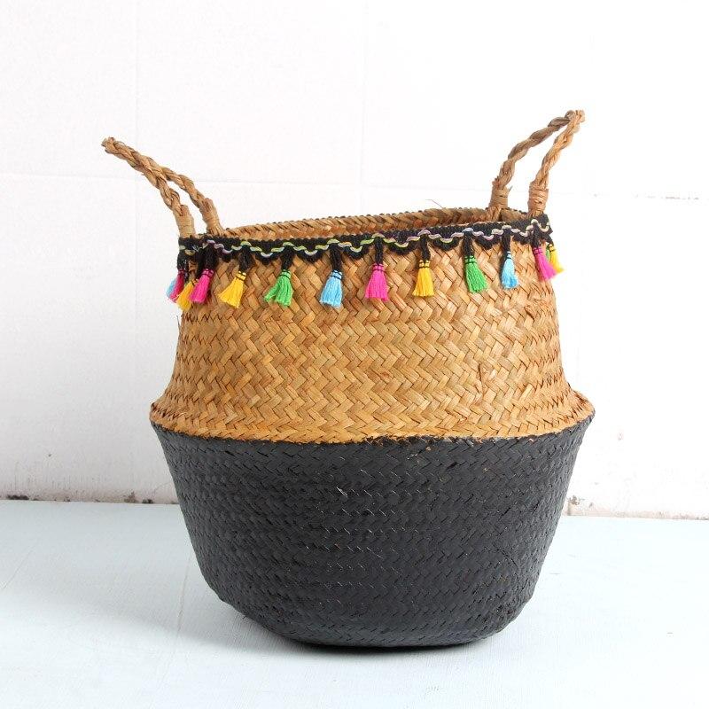 Panier en Jonc de Mer Noir et pompons