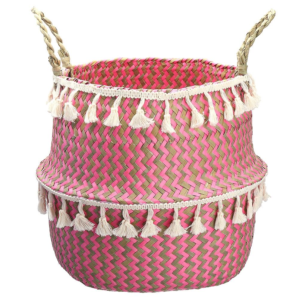 Panier en Jonc de Mer Rose avec ses pompons