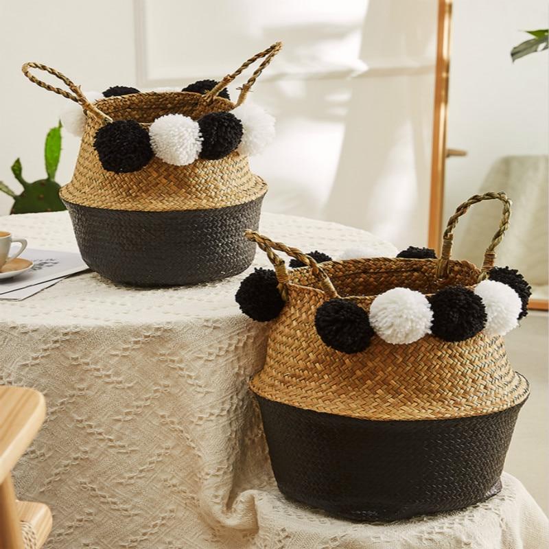 Panier Jonc de Mer Pompon noir et blanc