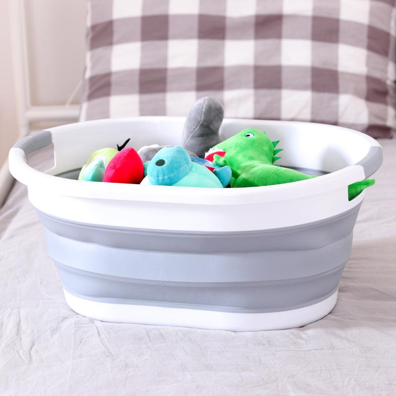 Panière à Linge Souple Pliable Ovale grise et blanche