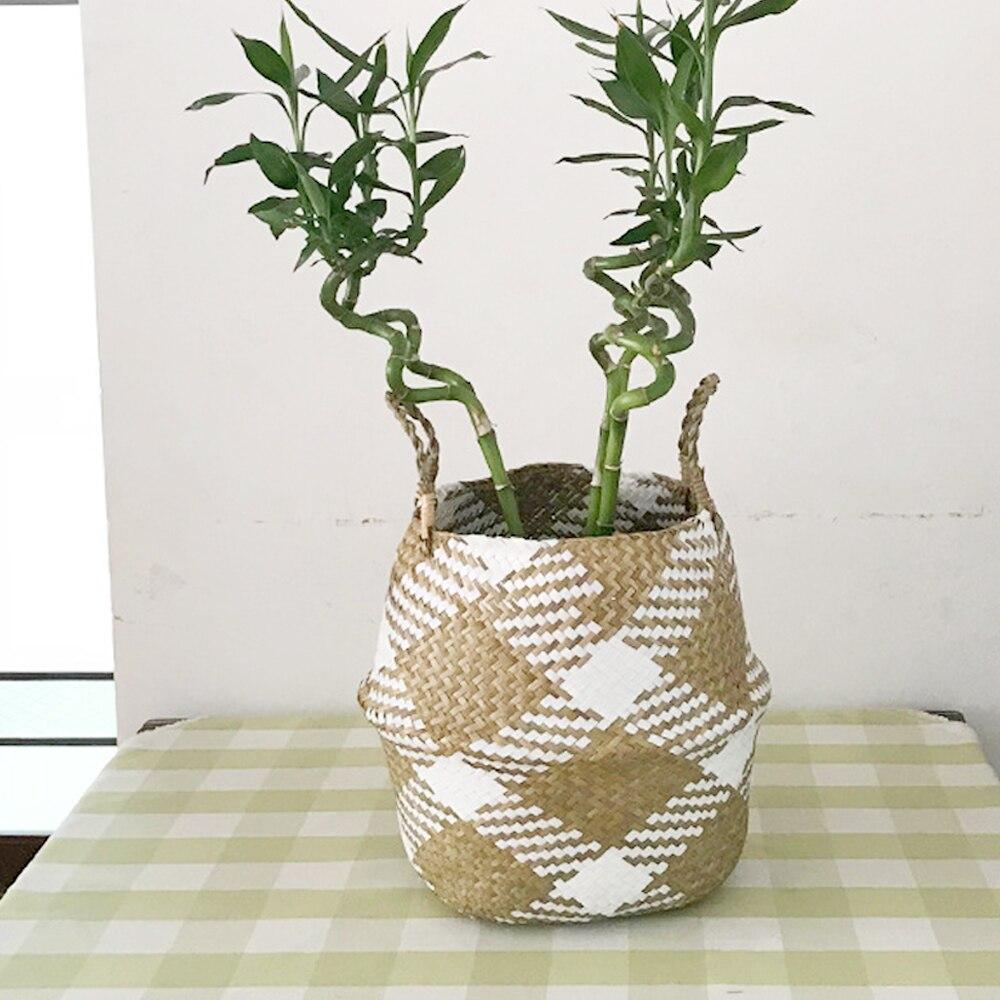 panier rayé blanc en jonc de mer