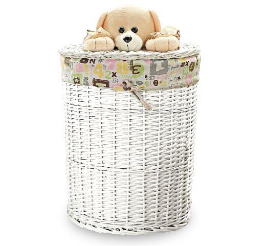 Panier à Linge Rond Osier Blanc 34L Avec Couvercle - Motif Ourson D32 H48 Cm