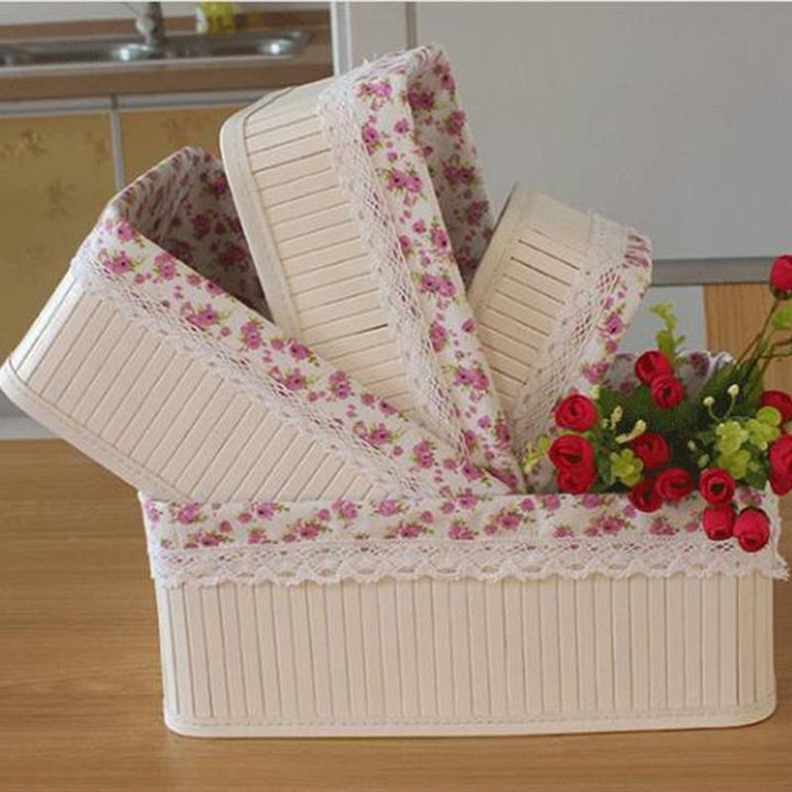 Panier à Linge Rectangulaire Brodé en Bambou motifs rose