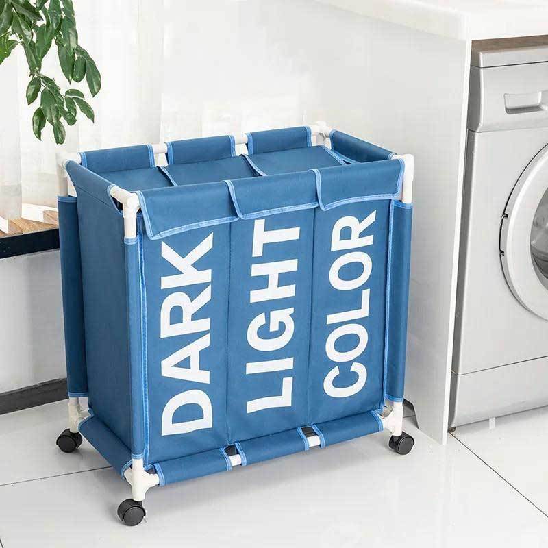 coffre à linge roulettes bleu