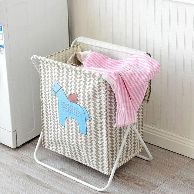 Joli Panier à linge Tissu Beige cheval bleu