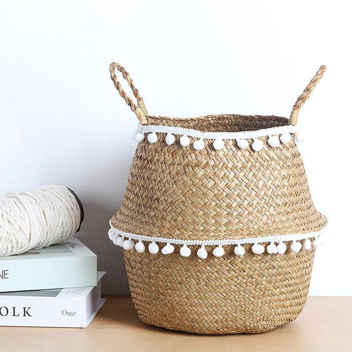 Panier Jonc de Mer pour Cactus avec une collerette de pompons